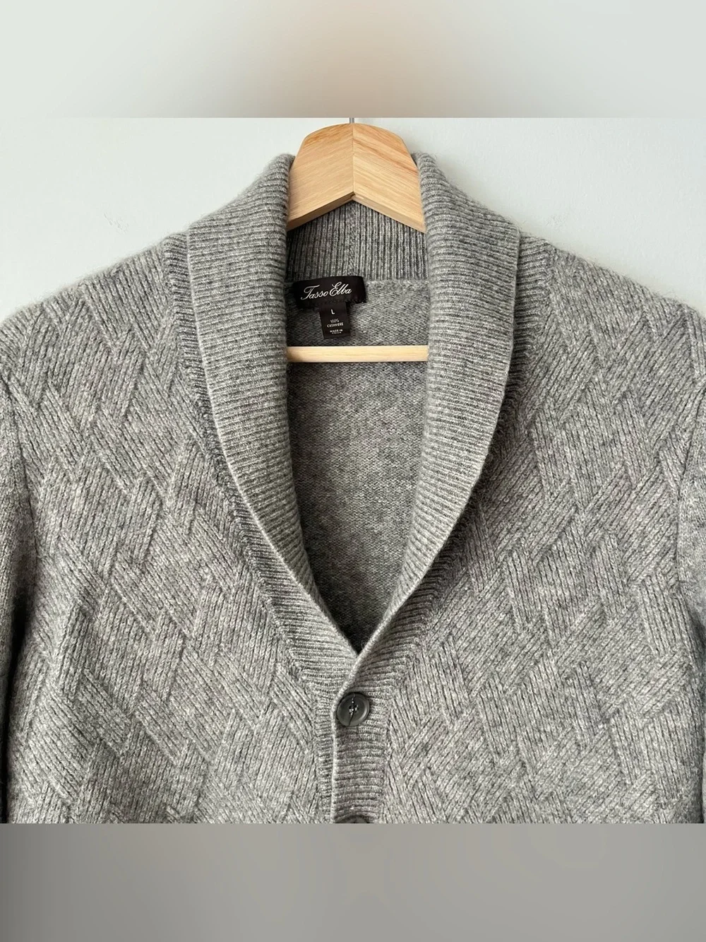 Tasso Elba Men's Gray Diamond Knit Cashmere Cardigan Sweater Size L Shawl Collar